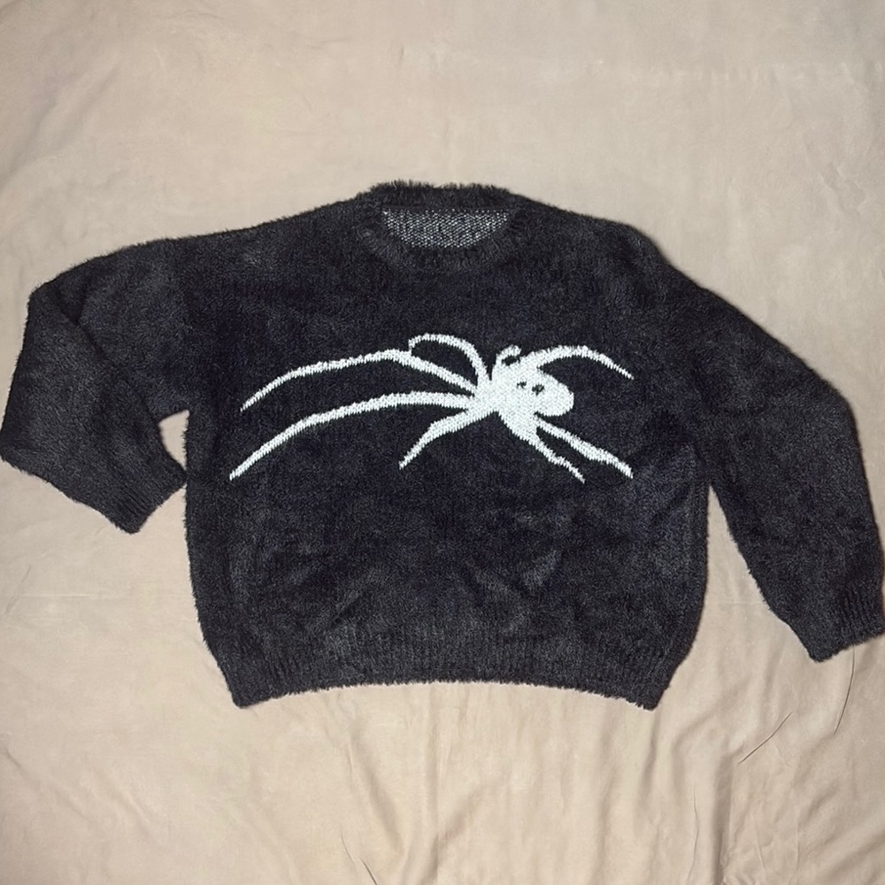 Black Spooky Crop Sweater with White Spider Design Size L Halloween
